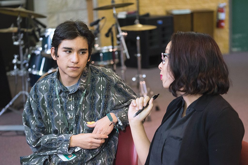 Above: Roosevelt sociology student Edgar Moreno and Mansfield’s Lyly Harrington.] It can be a place where research, teaching, training and technical assistance for all kinds of restorative justice projects are housed, such as at Skidmore College in New York, which has its own Restorative Justice Project.