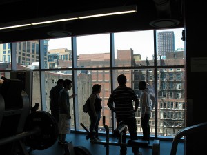 RU's fitness center, looking out on Wabash Ave in downtown Chicago