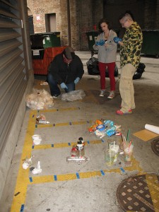RU honors students in SUST 240 Waste conduct a waste audit of RU's AUD and WB buildings, fall 2014 (M. Bryson)