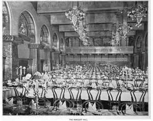 Black & White photo of Ganz Hall set-up as a banquet hall