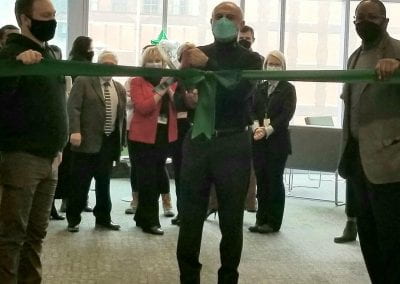 President Ali Malekzadeh cuts the ribbon at the grand opening of the Laker Union, a new gathering place for student organizations and services.