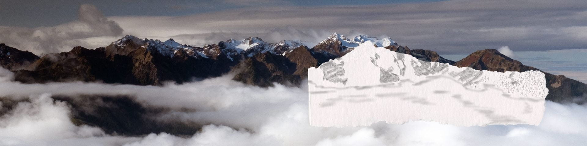 A photo of mountains and clouds with a sketch of the mountains overlapping