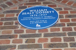 Blue plaque in Canterbury, near Gosset's birth home. But Gosset is spelled with one t - as in one "t distribution"! Photo credit: Marc Lassagne, 2012