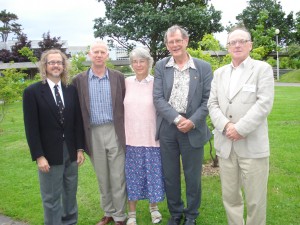 Steve Ziliak with Gosset family and the President of the Irish Statistical Association. Geoff Phillpotts, Jane (Roaf) Galbraith, Dermot Roaf, and Anthony Kinsella, after the conference on 100 years of Student's t-distribution and test of statistical significance, University College Dublin, July 2008.